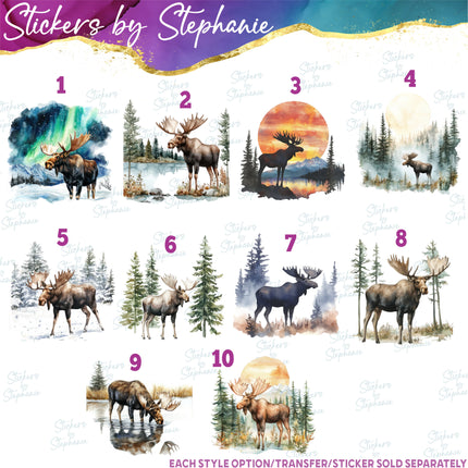(s02A-162) Watercolor Moose Landscape Iron-On Transfer or Sticker