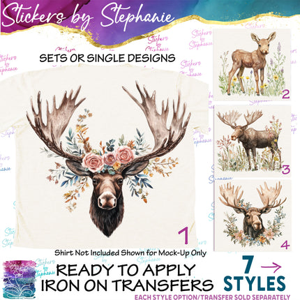 (s02A-163) Watercolor Moose Head Flowers Iron-On Transfer or Sticker