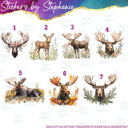 (s02A-163) Watercolor Moose Head Flowers Iron-On Transfer or Sticker