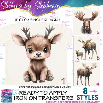(s02A-164) Watercolor Baby Mama Moose Iron-On Transfer or Sticker
