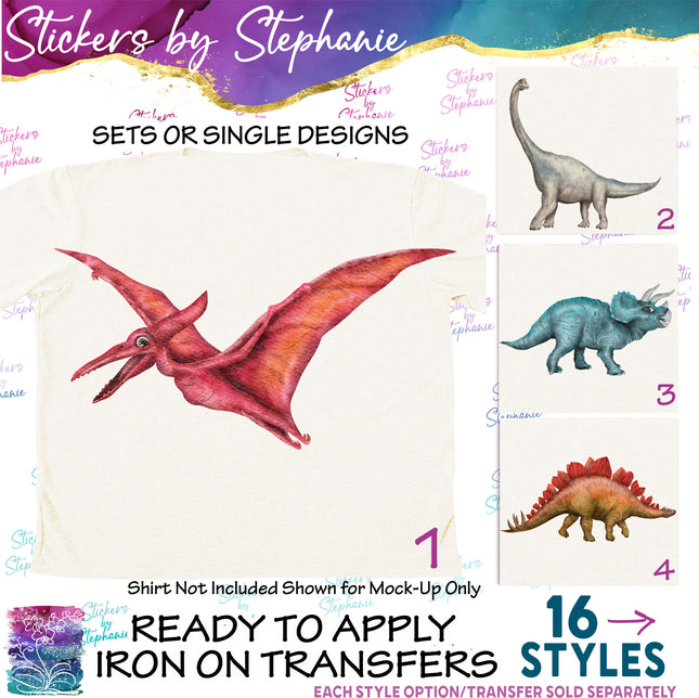 (s02A-174) Watercolor Dino Dinosaurs Iron-On Transfer or Sticker