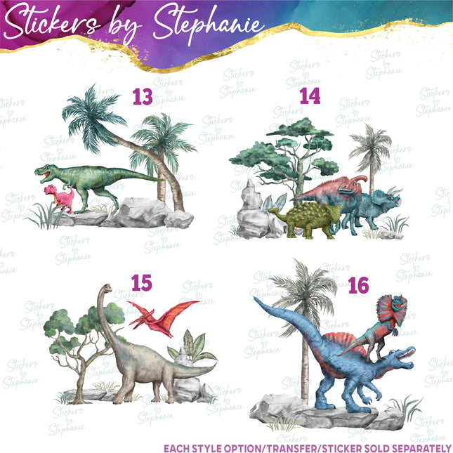(s02A-175) Watercolor Dino Dinosaurs Landscape Iron-On Transfer or Sticker