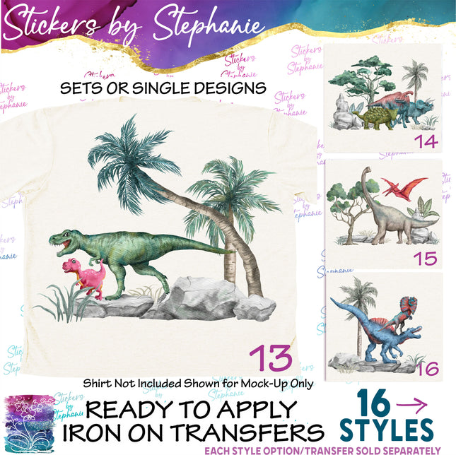 (s02A-175) Watercolor Dino Dinosaurs Landscape Iron-On Transfer or Sticker