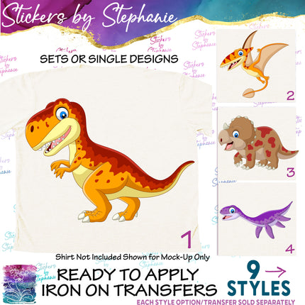 (s02A-179) Illustrated Dino Dinosaur Iron-On Transfer or Sticker