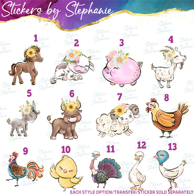 (s02A-182) Flower Floral Farm Animals Iron-On Transfer or Sticker