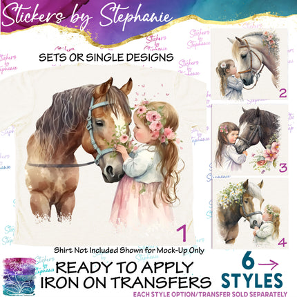 (s02A-183) Little Girl Kissing Horse Iron-On Transfer or Sticker