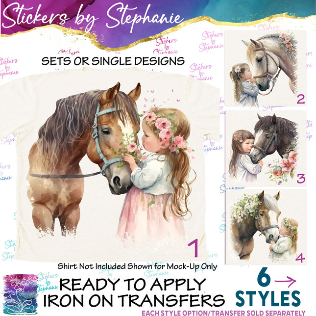 (s02A-183) Little Girl Kissing Horse Iron-On Transfer or Sticker