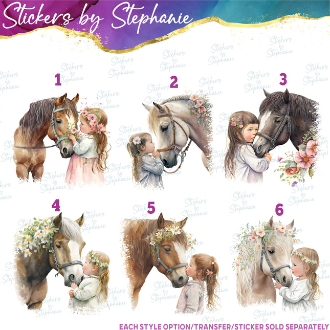 (s02A-183) Little Girl Kissing Horse Iron-On Transfer or Sticker