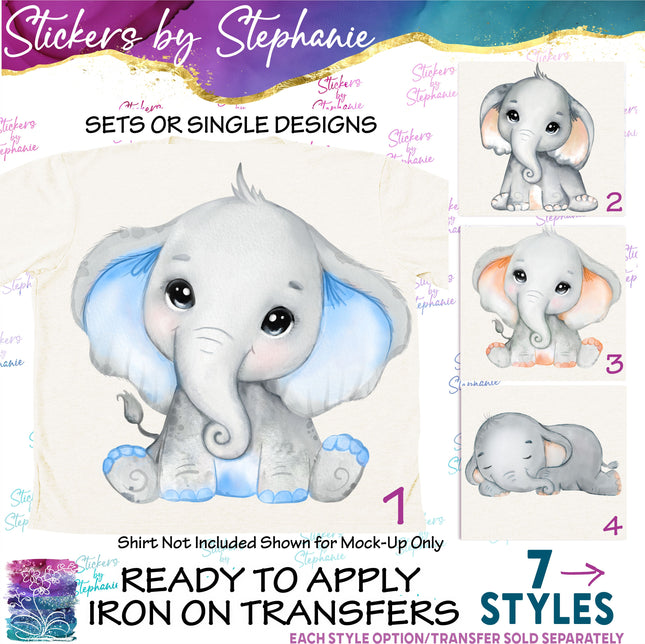 (s02A-186) Baby Boy Elephant Watercolor Iron-On Transfer or Sticker