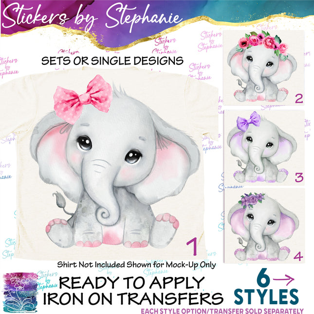 (s02A-187) Baby Girl Elephant Bow Flowers Iron-On Transfer or Sticker