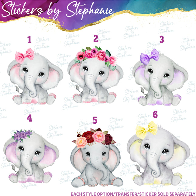 (s02A-187) Baby Girl Elephant Bow Flowers Iron-On Transfer or Sticker