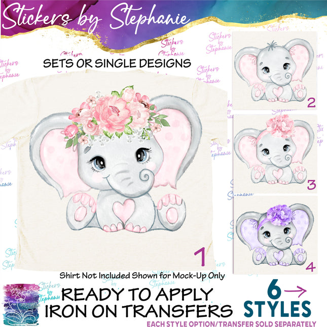 (s02A-188) Baby Girl Elephant Flowers Iron-On Transfer or Sticker