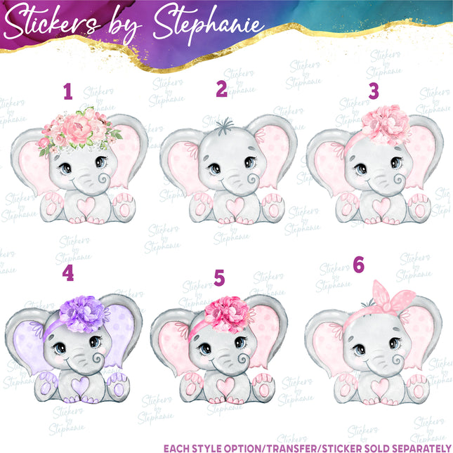 (s02A-188) Baby Girl Elephant Flowers Iron-On Transfer or Sticker
