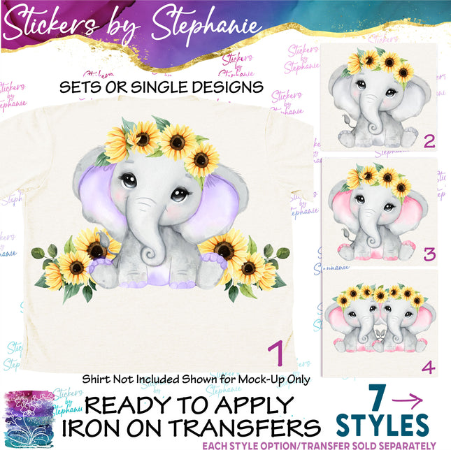 (s02A-189) Baby Girl Elephant Sunflowers Twins Iron-On Transfer or Sticker