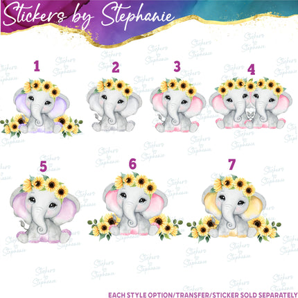 (s02A-189) Baby Girl Elephant Sunflowers Twins Iron-On Transfer or Sticker