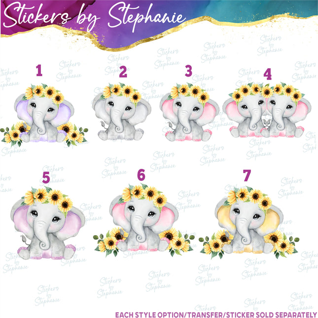 (s02A-189) Baby Girl Elephant Sunflowers Twins Iron-On Transfer or Sticker