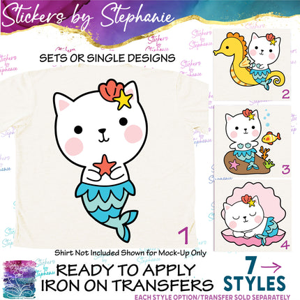 (s02A-191) Mermaid Mer Cat Kitty Iron-On Transfer or Sticker