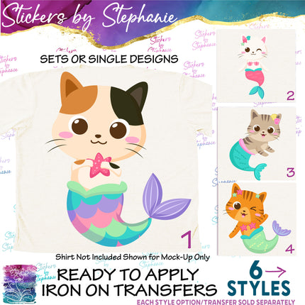 (s02A-192) Mermaid Mer Cat Kitty Iron-On Transfer or Sticker