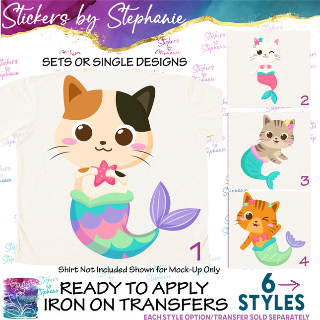 (s02A-192) Mermaid Mer Cat Kitty Iron-On Transfer or Sticker
