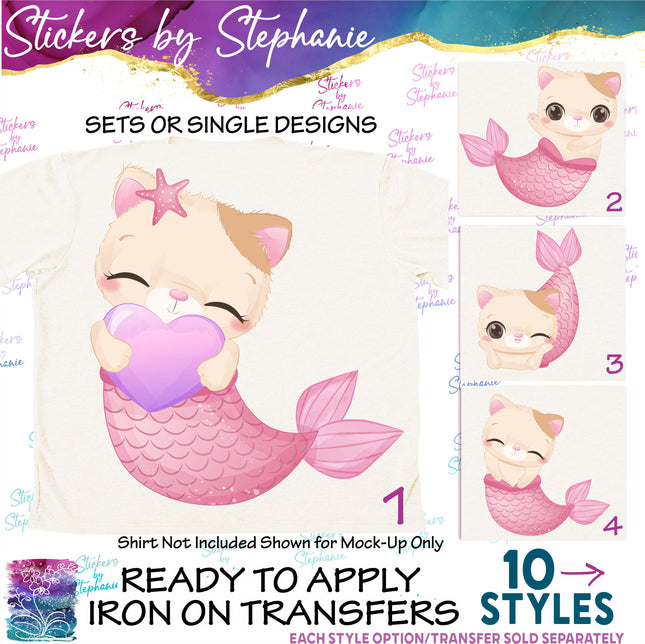 (s02A-193) Mermaid Mer Cat Kitty Pink Iron-On Transfer or Sticker