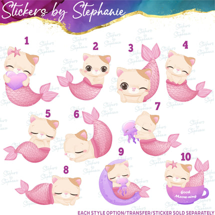 (s02A-193) Mermaid Mer Cat Kitty Pink Iron-On Transfer or Sticker