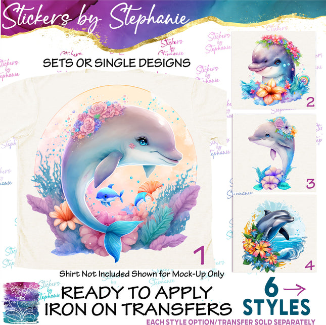 (s02A-199) Watercolor Dolphin Flowers Iron-On Transfer or Sticker