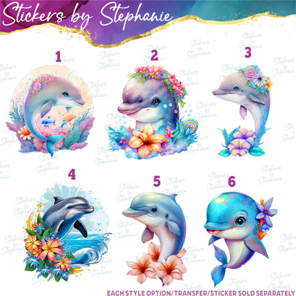 (s02A-199) Watercolor Dolphin Flowers Iron-On Transfer or Sticker