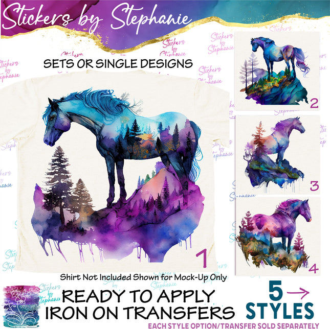 (s02A-002) Watercolor Double Exposure Horse Iron-On Transfer or Sticker