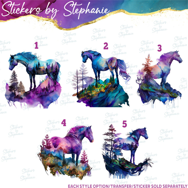 (s02A-002) Watercolor Double Exposure Horse Iron-On Transfer or Sticker