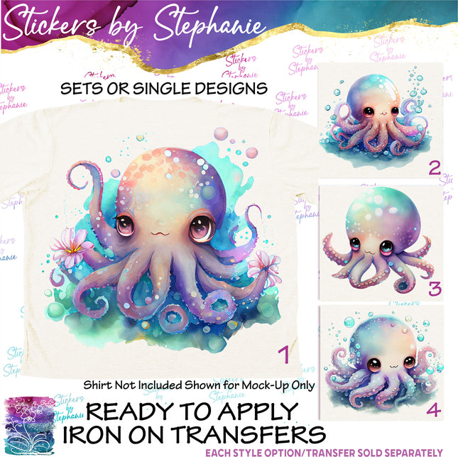 (s02A-200) Watercolor Octopus Iron-On Transfer or Sticker