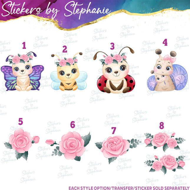 (s02A-201) Baby Butterfly Bee Ladybug Snails Flowers Iron-On Transfer or Sticker