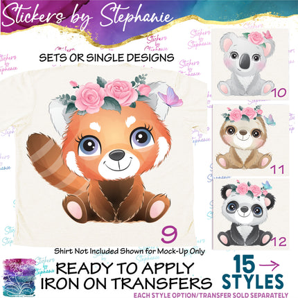 (s02A-202) Red Panda, Sloth Koala Flowers Iron-On Transfer or Sticker