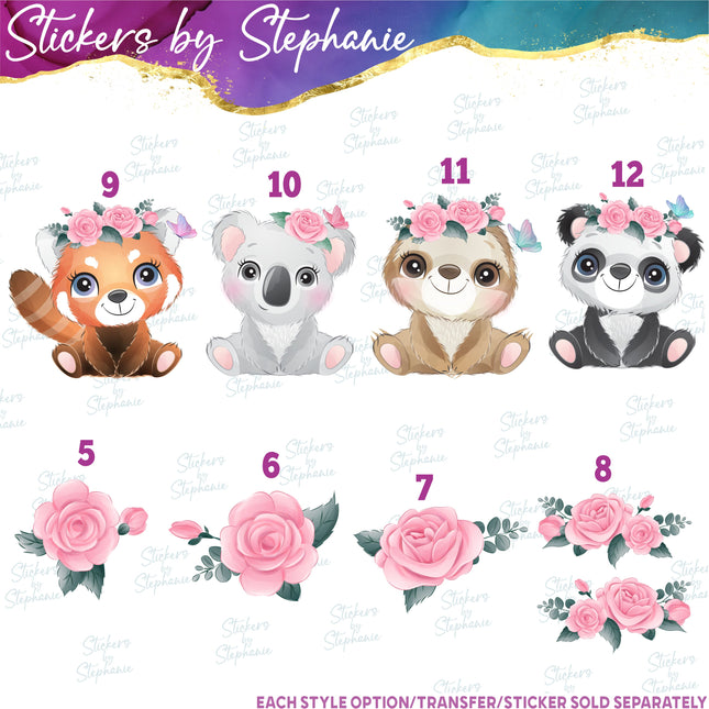 (s02A-202) Red Panda, Sloth Koala Flowers Iron-On Transfer or Sticker