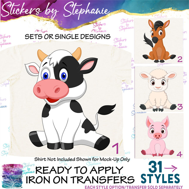 (s02A-205) Cartoon Sitting Farm Animals Iron-On Transfer or Sticker