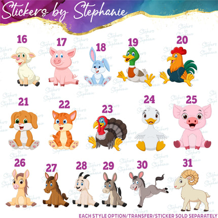 (s02A-205) Cartoon Sitting Farm Animals Iron-On Transfer or Sticker