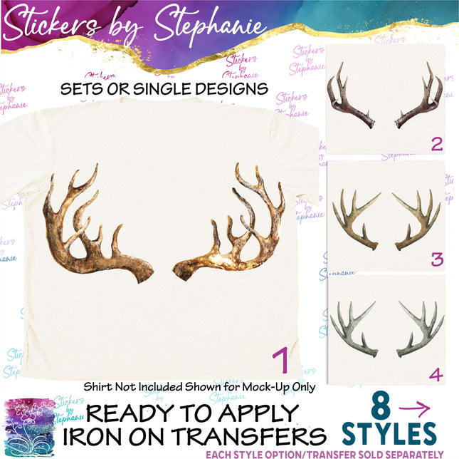 (s02A-213) Watercolor Deer Antlers Iron-On Transfer