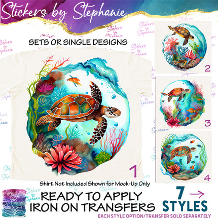 (s02A-223) Sea Turtle Oceanscape Iron-On Transfer or Sticker