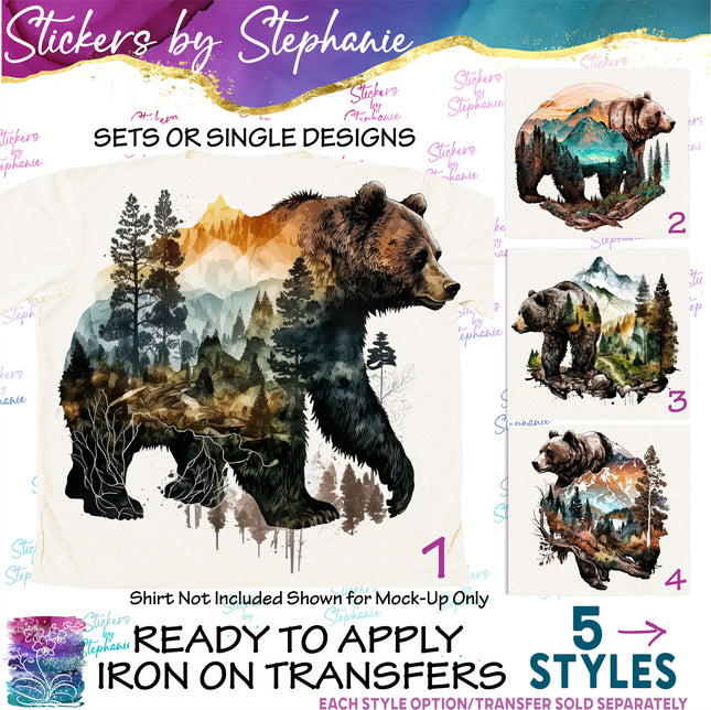 (s02A-026) Double Exposure Bear Iron-On Transfer or Sticker