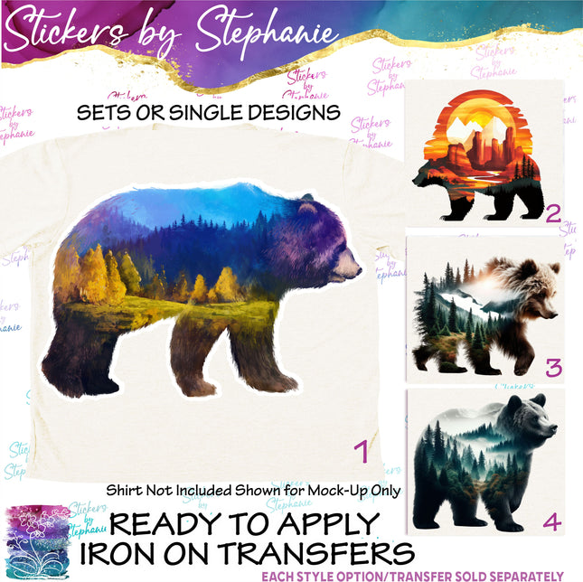 (s02A-028) Double Exposure Bear Iron-On Transfer or Sticker