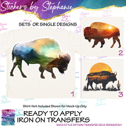 (s02A-032) Double Exposure Buffalo Bison Iron-On Transfer or Sticker