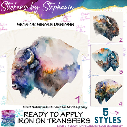 (s02A-033) Buffalo Bison Head Double Exposure Iron-On Transfer or Sticker