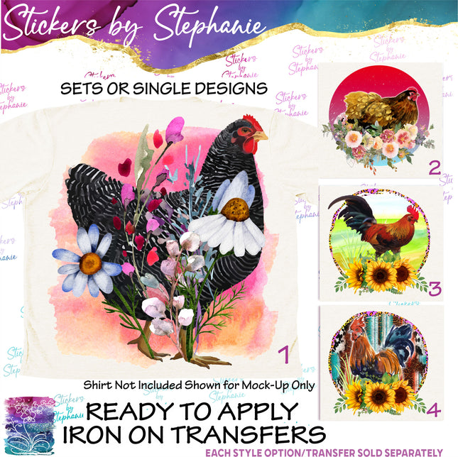 (s02A-041) Chicken Hen Flowers Iron-On Transfer or Sticker