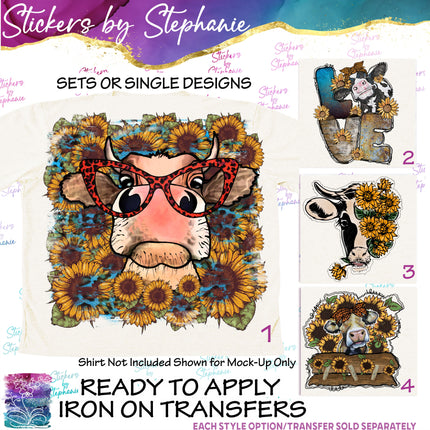 (s02A-043) Cow Face Sunflowers Iron-On Transfer or Sticker