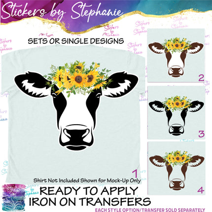 (s02A-045) Black, Brown Cow Face Sunflowers Iron-On Transfer or Sticker