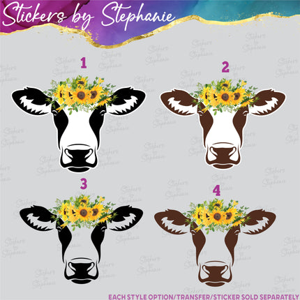 (s02A-045) Black, Brown Cow Face Sunflowers Iron-On Transfer or Sticker