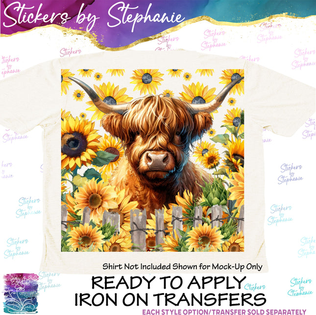 (s02A-046) Highland Cow Sunflowers Iron-On Transfer or Sticker