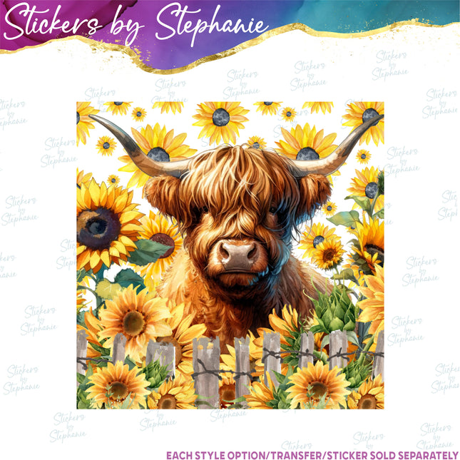 (s02A-046) Highland Cow Sunflowers Iron-On Transfer or Sticker