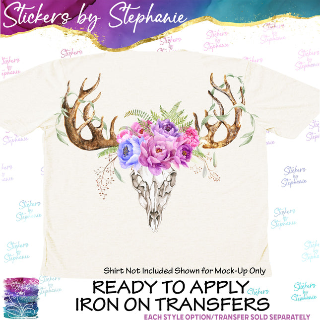 (s02A-047) Cow Skull Flowers Iron-On Transfer or Sticker