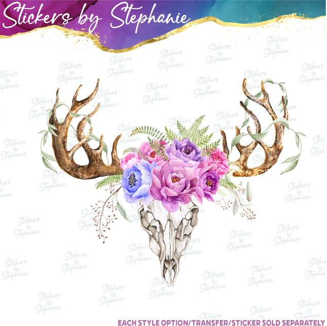 (s02A-047) Cow Skull Flowers Iron-On Transfer or Sticker