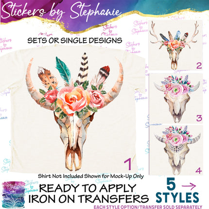 (s02A-048) Boho Cow Skull Flowers Iron-On Transfer or Sticker